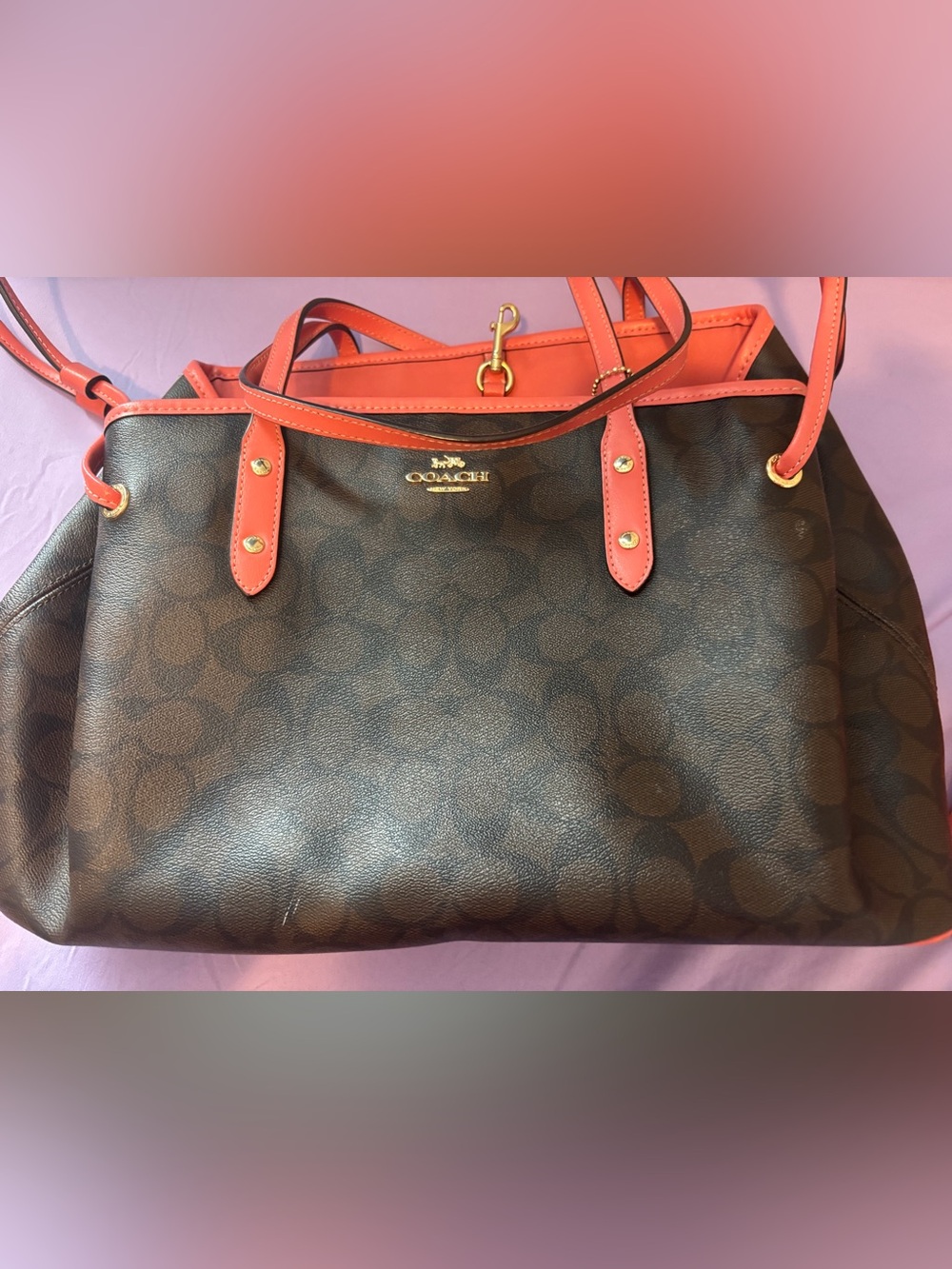 Coach Brown Signature Tote with Coral-Orange Trim and Gold Hardware